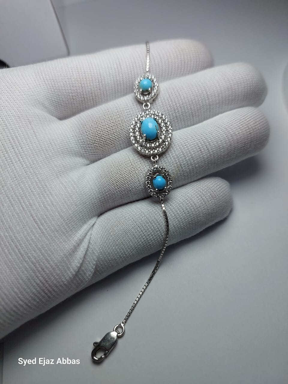 Pure Silver Bracelet with Original Neishaburi Firoza (Turquoise) Stones - Image 4