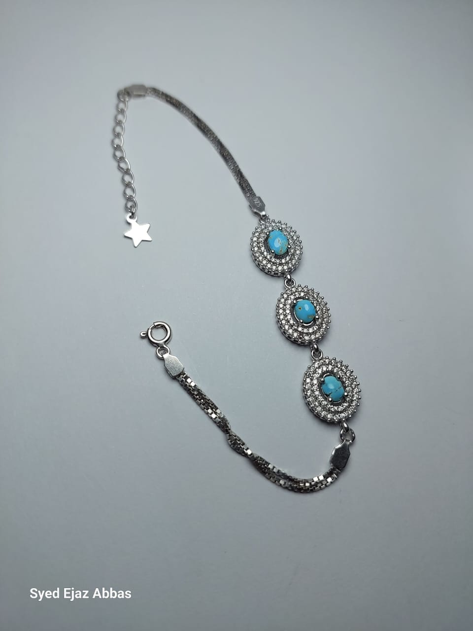 Pure Silver Bracelet with Original Neishaburi Firoza (Turquoise) Stones